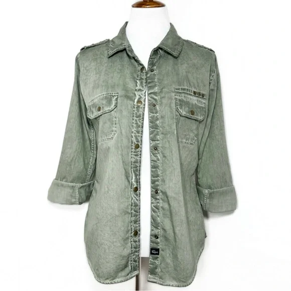 Rails Studded Distressed Green Snap Button Long Sleeve Utility Shacket Shirt - Picture 8 of 10